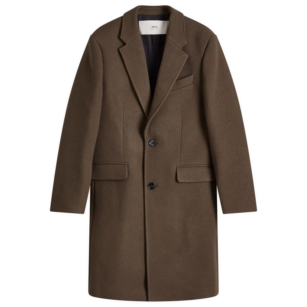 AMI Paris Men's Two Button Herringbone Wool Overcoat Dark Coffee